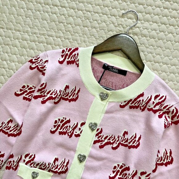 $399 NWT Karl Lagerfeld Women Pink Logo Cardigan Sweater Jacket Rhinestone Heart - Picture 4 of 14